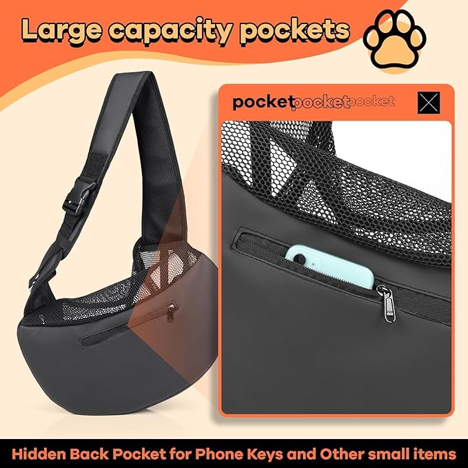 YUDODO Pet Sling Carrier for Small Dogs & Cats – Hands-Free Puppy Carrier with Safety Hook, Large Zipper Pocket, Soft Breathable Mesh, Adjustable Strap & Reflective Strip (Black 3.0 M)