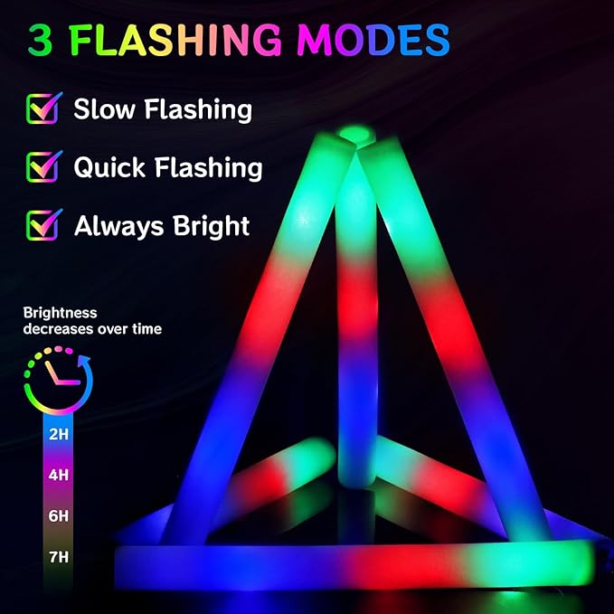 AOWDIAO 100 Pcs 16??Foam LED Glow Sticks, 3 Light Up Modes, Party Favors for Wedding, Festival & More