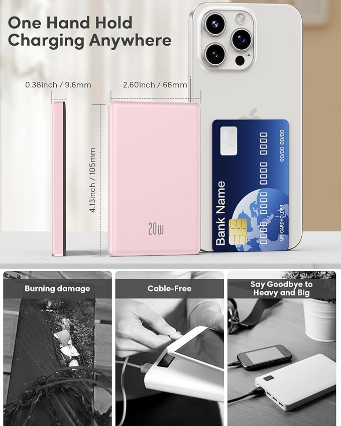 for Magsafe Battery Pack, Ultra Slim Wireless Portable Charger 5000mAh, 20W PD Magnetic Power Bank Fast Charging USB C in&Out Powerbank for iPhone 16/15/14/13/12 Mini Plus Pro Max,Pink
