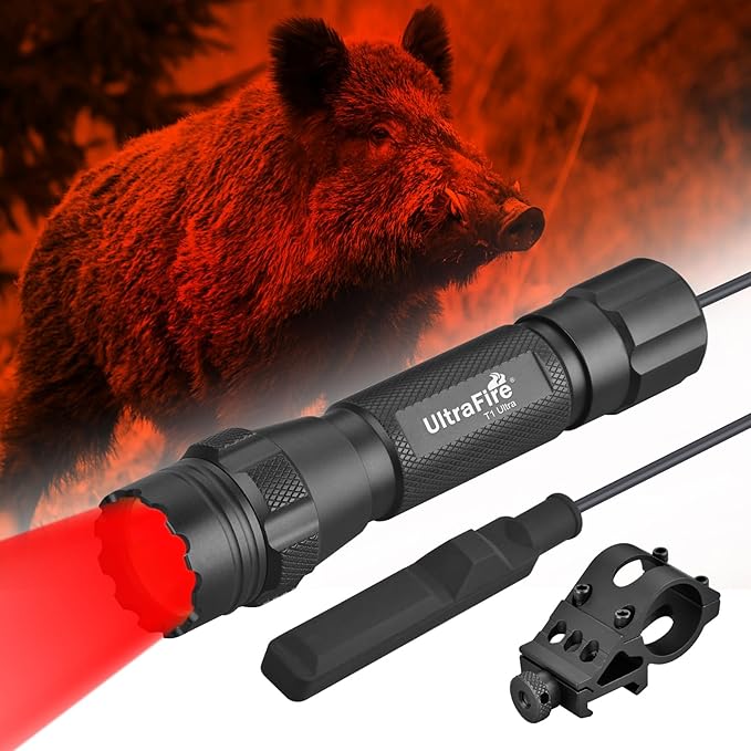 ULTRAFIRE Tactical Red Flashlight, 620nm-630nm High Purity Red LED Hunting Light,Super Bright 218 Yards Long Range Single Mode for Night Observation & Coyote Hog Predator (T1 Ultra-R)