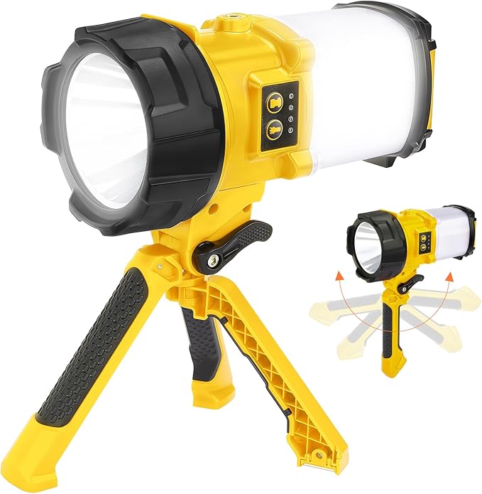 Tripod Rechargeable Camping Lantern, 6 Modes LED Flashlight Handheld Spotlight with 4000LM, 4400mAh Power Bank, IPX4 Waterproof Searchlight Work Light for Emergency Hiking Survival Kit - Yellow