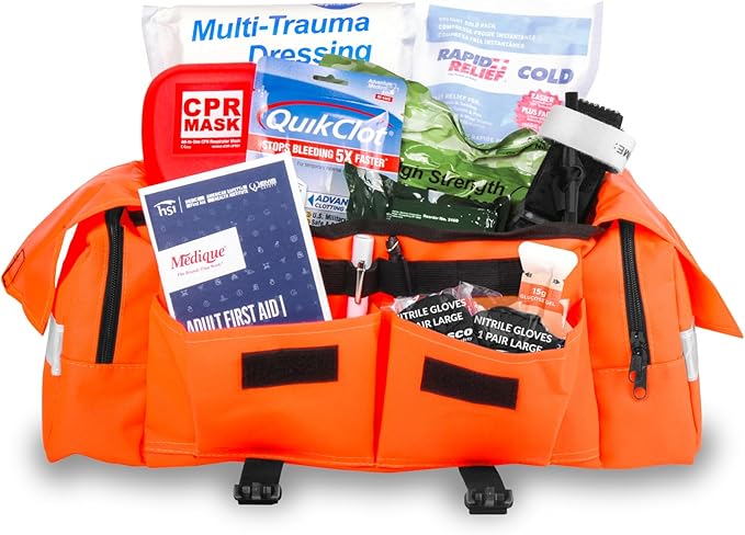 MFASCO Professional First Responder Kit - Emergency First Aid Bleeding Kit Combo, Includes Tourniquet & Clotting Bandage, Orange EMT Bag, Adjustable Shoulder Straps, 275+ Pieces, 13 x 9 x 6 Inches