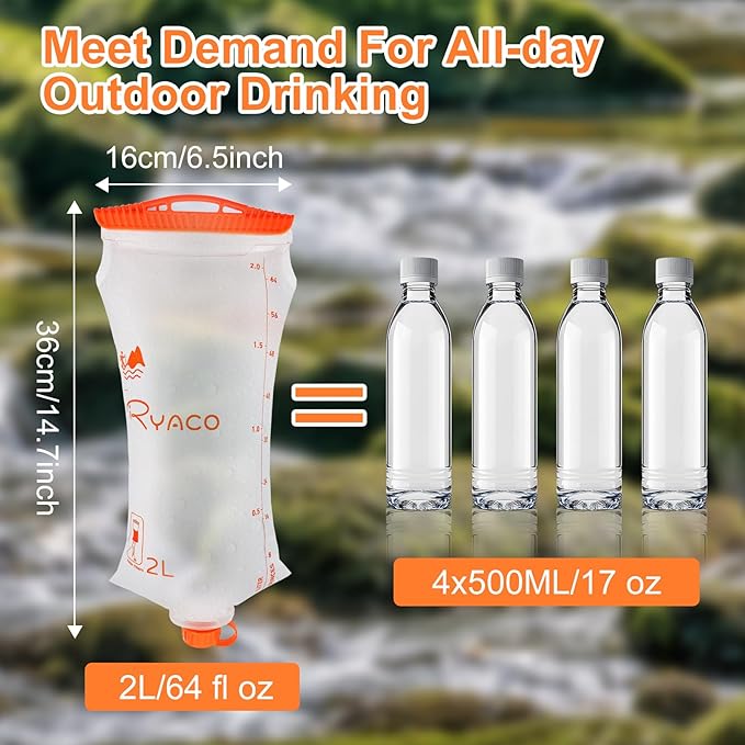 Ryaco Water Bag 2L Compatible with Sawyer Squeeze Water Filter, Outdoor Water Container, Water Filter Bag with Durable TPU Material Collapsible Hydration Canteens for Camping Hiking Cycling Fishing