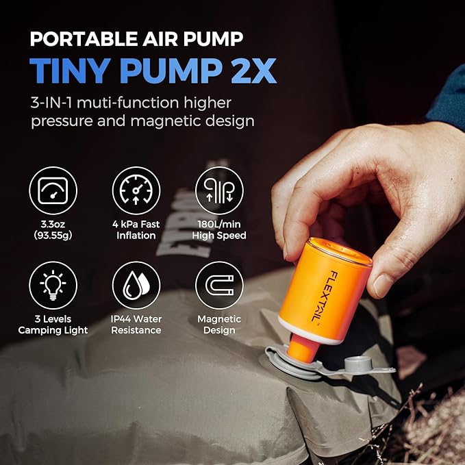 FLEXTAILGEAR Portable Air Pump with Camping Lantern Tiny Pump 2X 4kPa Air Pump for Inflatables Rechargeable Air Mattress Pump with Magnetic Design for Sleeping Pads, Pool Floats, Swimming Rings(OG)