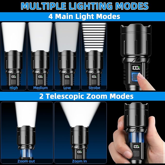 Rechargeable Flashlight 99000 High Lumens, LED Super Bright Flash Light, Tactical Flashlights with LCD Power Display, 6 Modes, Waterproof, Brightest Flashlight for Emergencies Camping