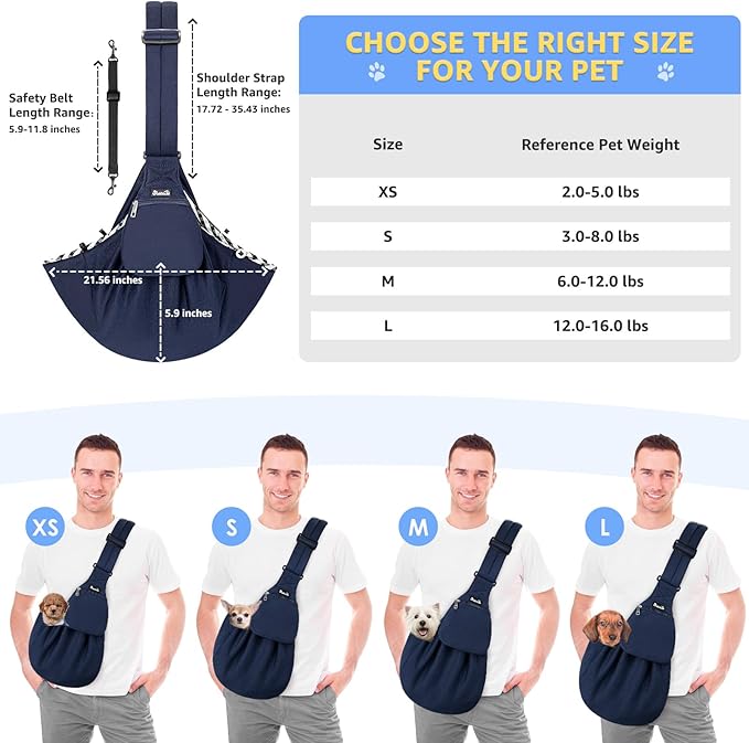SlowTon Dog Carrier Sling - Thick Padded Shoulder Strap Adjustable Dog Carriers for Small Dogs, Puppy Carrier Purse for Pet Cat with Front Zipper Pocket Safety Belt Machine Washable (Dark Blue, L)