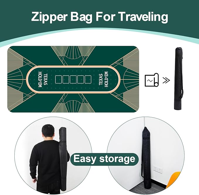 CONTINUE Upgraded Waterproof Poker Mat 8 Players Texas Hold'em Poker Mat Professional Poker Mat Anti-Slip Rubber Poker Table Top Layout with Carrying Bag for Poker Games, Blackjack, Casino(70 x 35 )