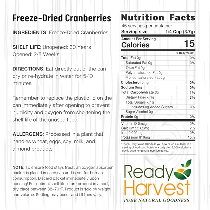 Ready Harvest Dehydrated Food - Cranberries | Dried Fruit | Emergency Snacks | #10 Can | 25-Year Shelf Life | Cans Filled to the Top