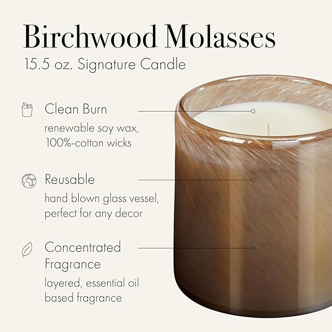LAFCO New York Holiday Signature Candle, Birchwood Molasses - 15.5 oz - 90-Hour Burn Time - Reusable, Hand Blown Glass Vessel - Made in The USA
