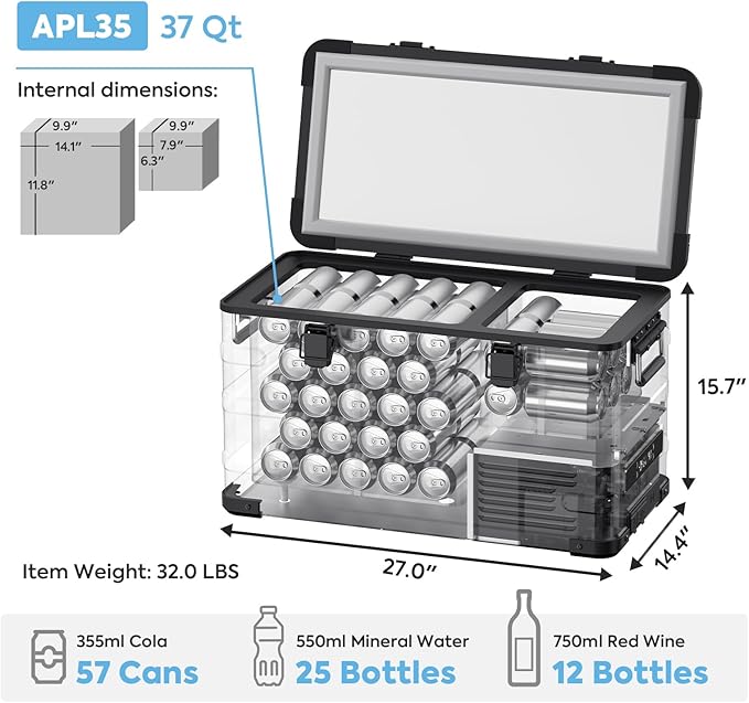 ICECO APL35 Dual Zone Portable Fridge Freezer with Battery, 12 Volt Car Refrigerator, 37 Quart Aluminum Electric Cooler, -4℉~68℉, 12/24V DC, 100-240V AC, Camper Teardrop Ideal for Camping, Outdoor