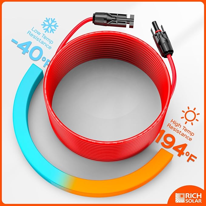 RICH SOLAR 10 Gauge 10AWG One Pair 10 Feet Red + 10 Feet Black Solar Panel Extension Cable Wire with Female and Male Connectors(10FT 10AWG)