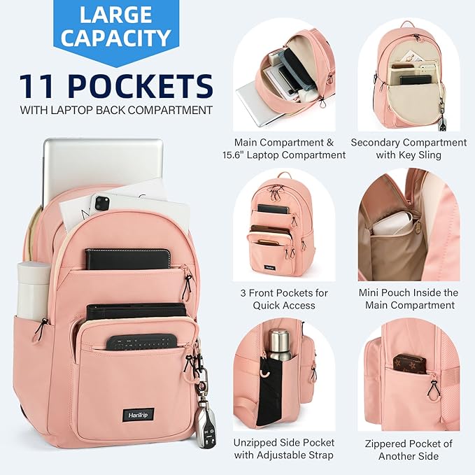 Carry On Travel Backpack For Women, 18 Inch Water Resistant Large Backpack Lightweight Bookbag For Men, 8x14x18 Personal Item Bag Casual Daypack Backpacks For Work Office Commuter (Pink)