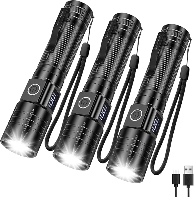AdamStar Flashlights High Lumens Rechargeable Super Bright LED Flashlight with Dimmable, Zoomable Beam Tactical Flash Lights Small Powerful (3-Pack)