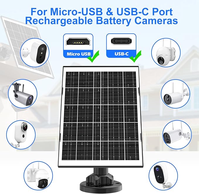 (3 Packs) 8W Solar Panel for Security Camera, Solar Panel for USB-C & Micro USB Ports Rechargeable Battery Security Camera, Solar Charger for Camera with 9.8FT Cable & 360°Angle Adjustment