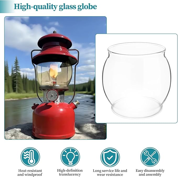 Lantern Glass Globe Replacement, Compatible with Coleman 200A/B &R690B051,Fits Kamplite, JC Higgins, Optimus, Ashflash Vintage Lanterns,Heat-Resistant Clear Bulged Glass for Camping & Emergency Lights