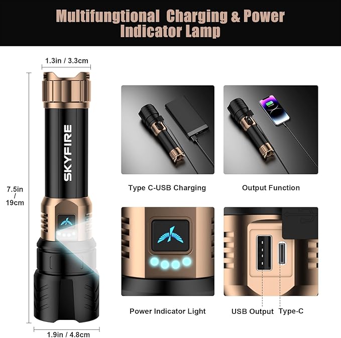 SKYFIRE LED Flashlight High Lumens,2000lm Super Bright Rechargeable Flashlight,Zoomable,Four Modes,Powerbank Waterproof Tactical Flash Light for Camping Essentials,Outdoor & Home Emergencies-No Lens