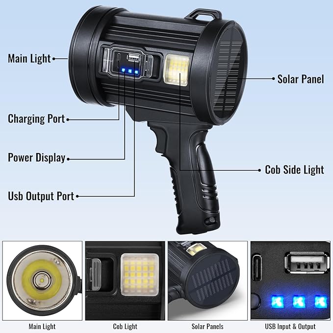 Rechargeable Spotlight Flashlight, 99,000 Lumens Spot Light Handheld Spot Lights, LED Spotlights with COB Light,Super Bright Hand Held Spotlight for Boat