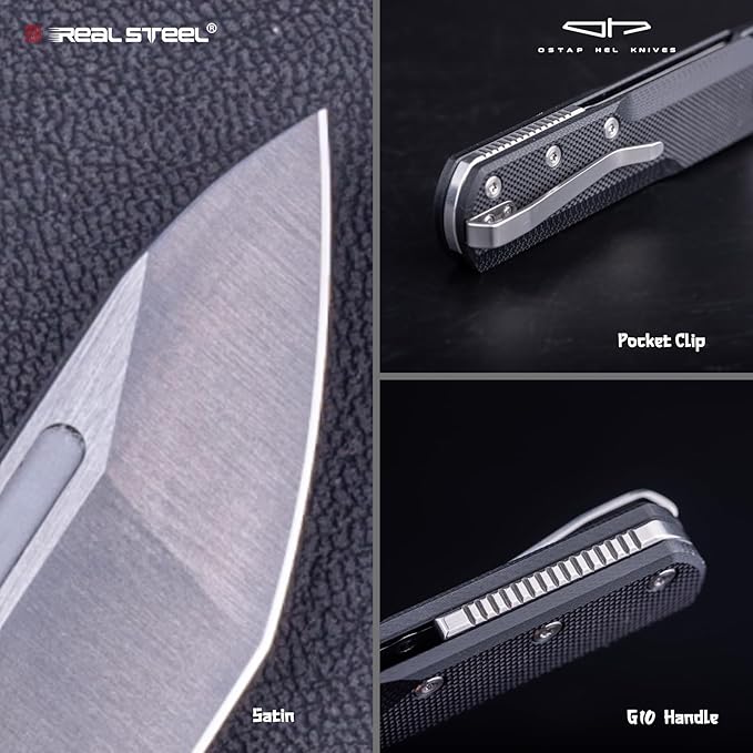 REALSTEEL G-Tanto Pocket Knife,Folding Knives,2.6" Nitro-V Blade,Double Detent Ball Slipjoint EDC,G10 Handle,2.2oz,Clip,Gift for Men Women Outdoor Indoor Daily Use Camping Hiking(Black Satin)