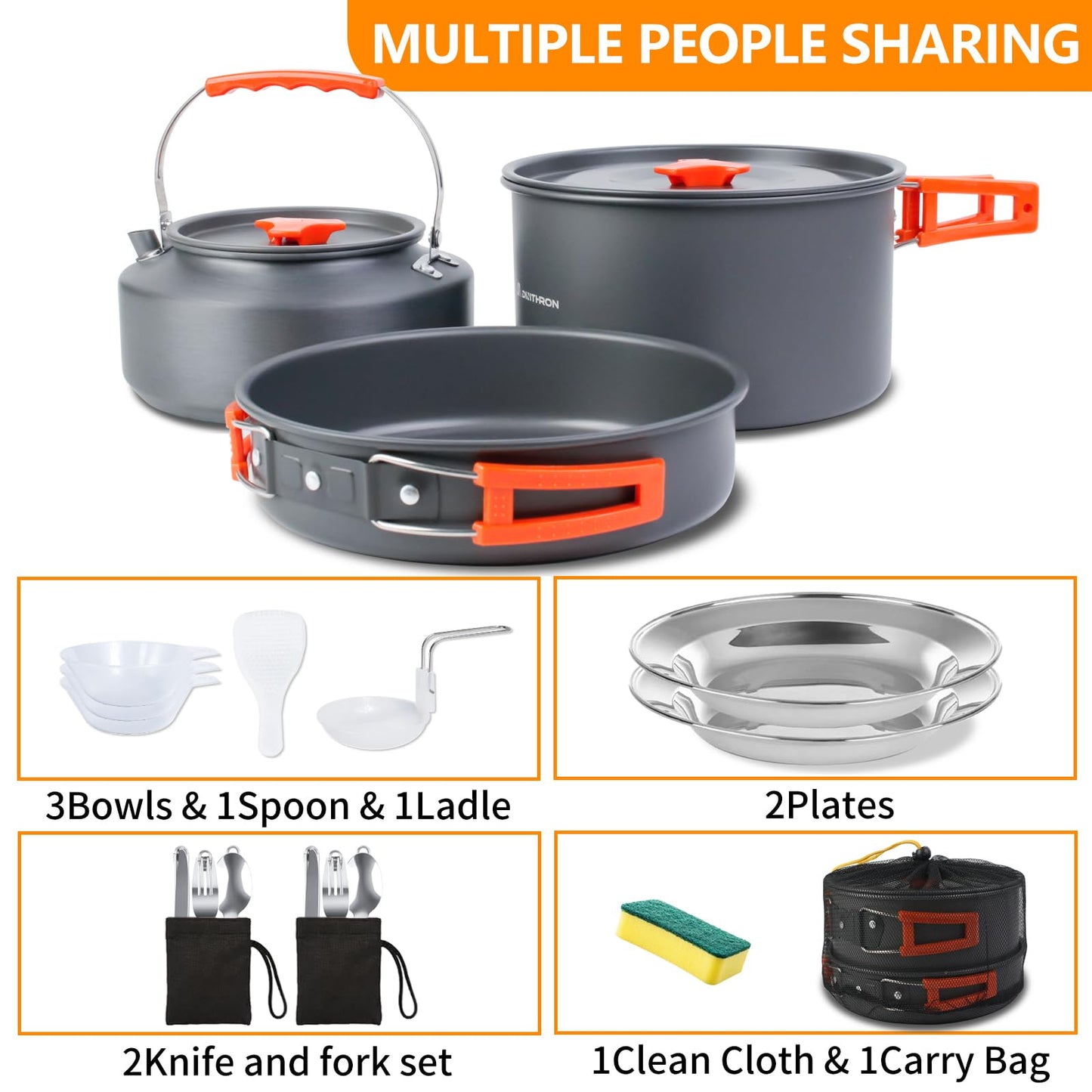 DINITHRON 18-Piece Large Capacity Camping Cookware Set Aluminum Mess Kit