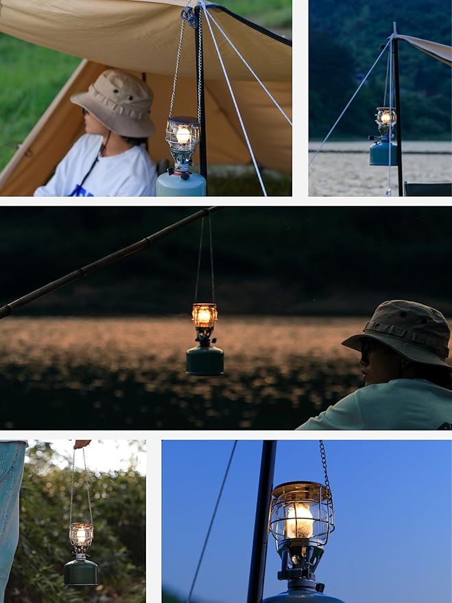 CAMPINGMOON Mini Gas Camping Lantern with Hanging Chain & Hard Case ??80W Equivalent Brightness, Adjustable Dial, Outdoor Portable Butane Lamp for Hiking, Backpacking, Emergency, Tent Lighting T-4
