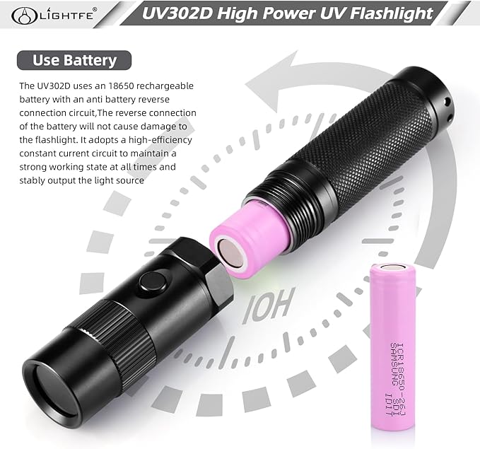 LIGHTFE UV Flashlight 365nm Blacklight UV302D with LG LED Source, Black Filter Lens, Max.3000mW Power for UV Cure, Glow Rocks, Pet Urine Detection, AC Leak Detection