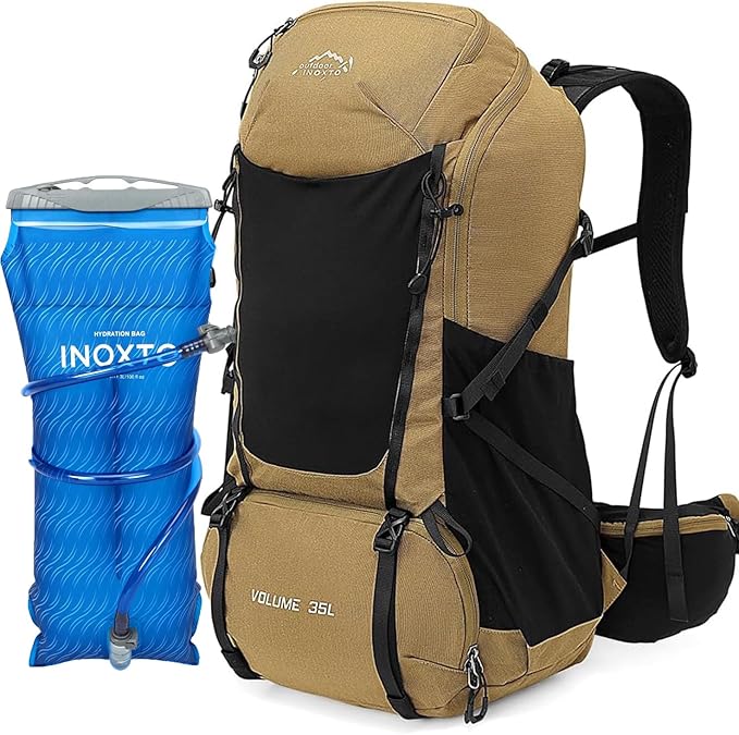 INOXTO 35L Hiking Backpack with 3Lwater bladder, Camping Backpack with Waterproof Rain Cover for Men, Outdoor Sport Travel Daypack for Climbing (Khaki 2)
