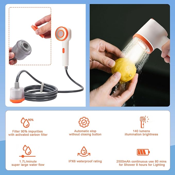 Portable Camping Shower with Light,2-in-1 Portable Shower for Camping,Carbon Filtration Shower,5 Gals Foldable Bucket, Rechargeable for Camping,Pet Bath,Gardening,Car Wash