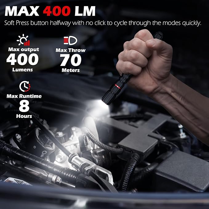 FORTO Rechargeable Pen Light Flashlight, 400 Lumens Small Pocket Flashlight with Clip, IP67 Waterproof, 2 Light Modes, 3-Color Battery Indicator, Type-C Charging, for Inspection,Emergency(1 Pack)