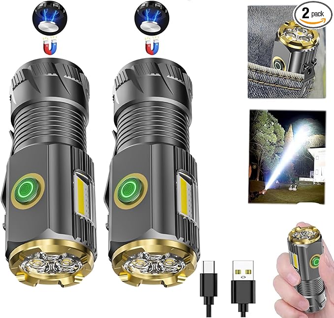 Rechargeable mini LED Flashlight, 9000 lumens Ultra Bright Small Flashlight, with Clip and Magnet, IPX6 Waterproof, 6 Modes, Suitable for Camping, Hiking, and Emergency situations (2-Piece Set)