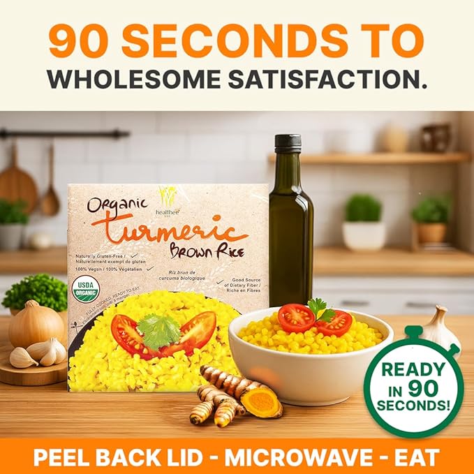 Healthee Organic Brown Rice, Gluten Free, Fully Cooked and Ready-to-Eat, USDA Certified Organic, GMO-Free, Microwaveable (Turmeric, Pack of 12)