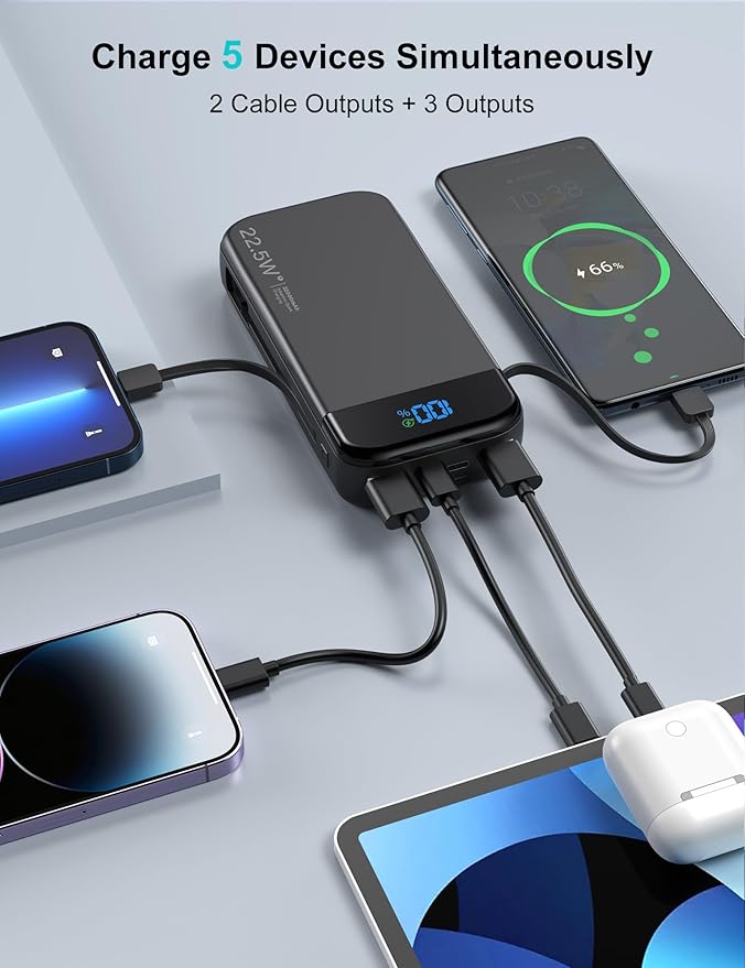 Portable Charger Power Bank Built-in Cables, 32000mAh 22.5W USB C Fast Charging, 5 Outputs 3 Inputs Travel Essentials Battery Pack Compatible with iPhone, iPad, Samsung, Google Pixel, Black