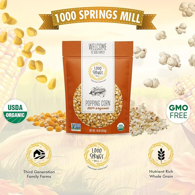1000 Springs Mill Organic Dry Popcorn Kernels - Non-GMO, Healthy Snack for Microwave or Stovetop - Bulk Organic Popcorn Kernels with Resealable Bag - Enjoy Fresh & Crisp Popcorn - 16oz (Pack of 1)
