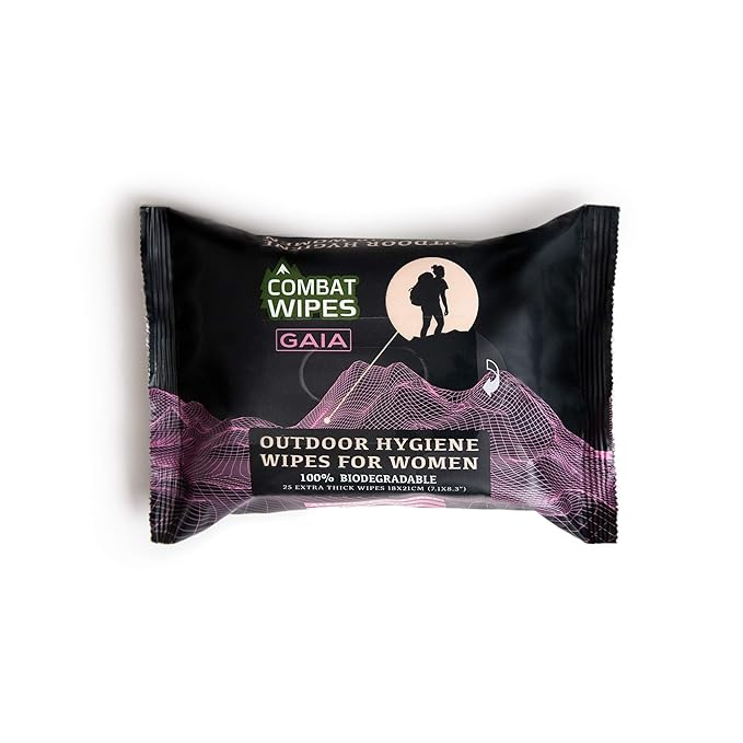 Combat Wipes Gaia - Feminine Hygiene Outdoor Wet Wipes - Extra Thick, Ultralight, Biodegradable, pH Balanced Body & Hand Cleansing Cloths for Women w/Aloe (1 Pack, 25 Wipes)
