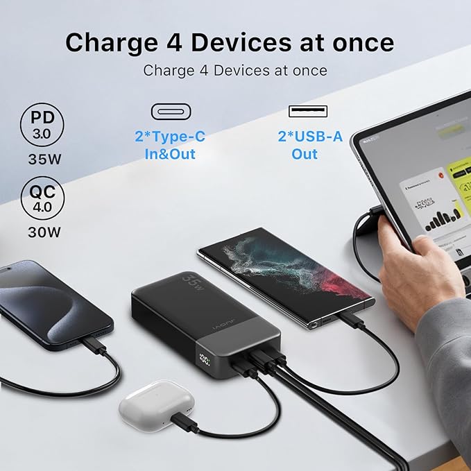 20000mAh Power Bank Portable Charger, 35W PD 3.0 QC 4.0 Fast Charging Phone Charger with LED Display, Travel Battery Pack 2 USB C 2 USB A Ports for iPhone 16/15/14 Series, Galaxy, iPad