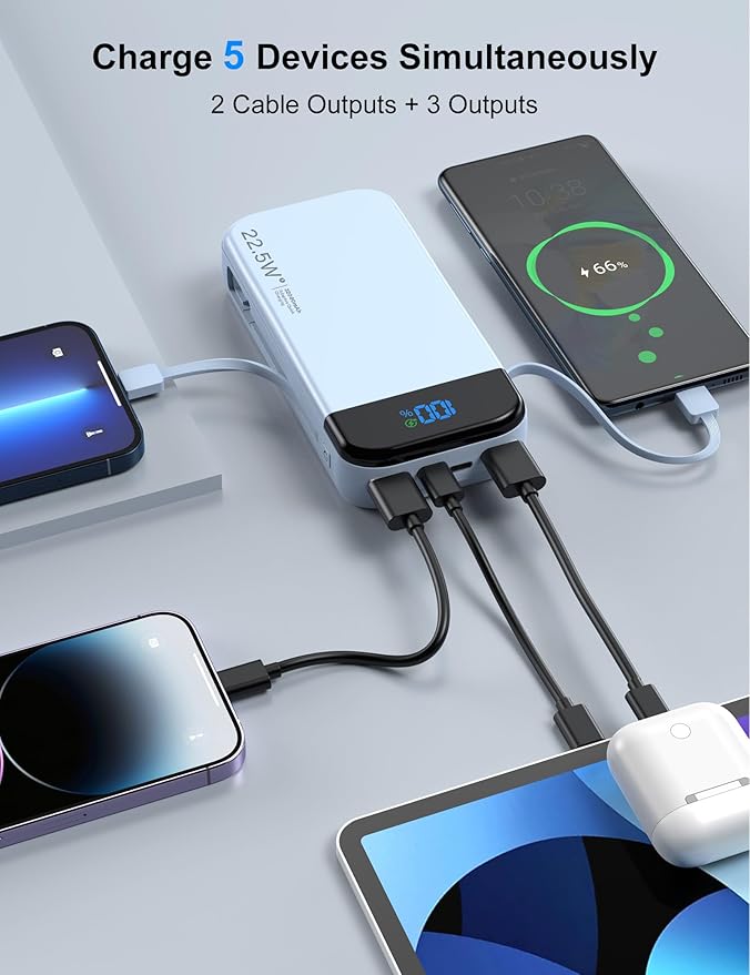 Portable Charger Power Bank 32000mAh with Built in Cables, PD3.0 USB C Fast Phone Charger, 5 Outputs LCD Display Travel Battery Pack Compatible with iPhone, Samsung All Cell Phones (Blue)