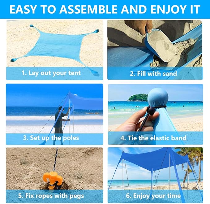 Beach Tent, Beach Canopy UPF50+, Beach Shade 11x11 FT with Sandbags, Beach Tent Sun Shelter for Beach Camping Trips, Fishing, Backyard Fun or Picnics