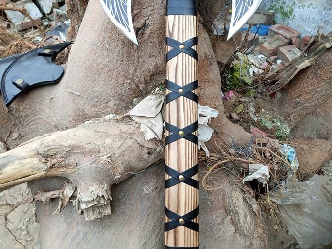 Hand-Forged Double Headed Viking Axe – 27" Odin's Carbon Steel Battle Hatchet with Leather Wrapped Wood Handle – Norse Style Throwing Axe for Camping, Collecting, Survival Gear, or Gifts.