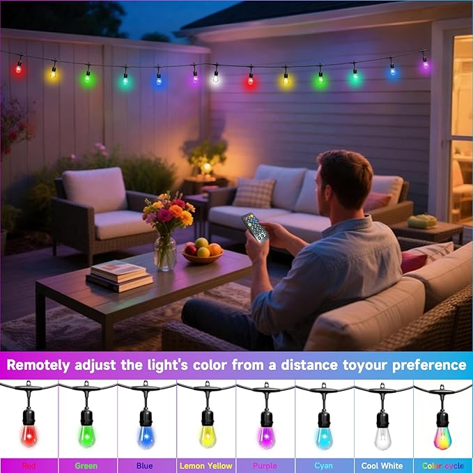 RGB Safety String Lights 150FT - Commercial Grade Low Voltage Strand with 60 S14 Shatterproof Bulbs for Tree Garden Yard bistro Cafe | RGB Party Lights & Outdoor Lights | IP65 Waterproof | UL Listed