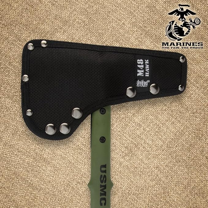 USMC Tactical Tomahawk | 2Cr13 Stainless Steel Head | 3 7/8" Blade and Curved Spike | Fiberglass and Nylon Reinforced Handle | Cord Handle Wrappings | Custom Blade Sheath | 15 1/2" Overall Length