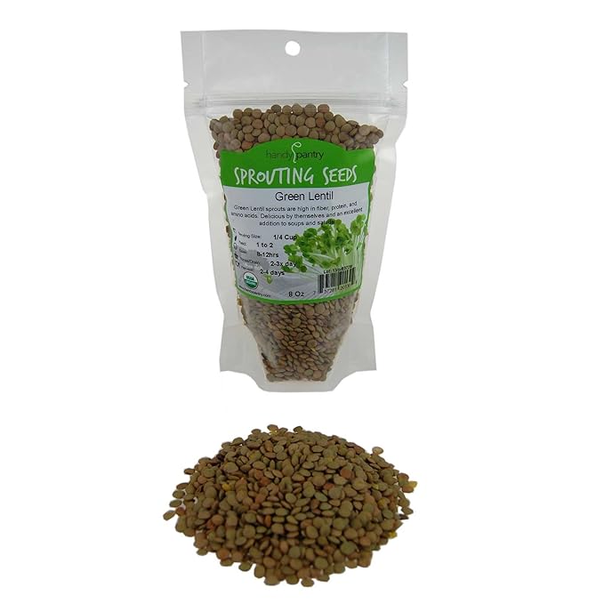 Organic Dried Green Lentil Sprouting Seed: 8 Oz - Dry Lentils for Planting Garden Seeds, Soup, Cooking or Sprout Salad, Sprouts