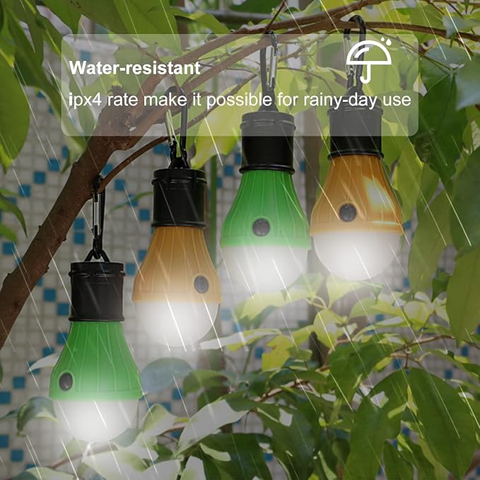 LED Camping Tent Lantern, Portable Outdoor Waterproof Emergency Light Bulb, Battery Powered with Clip Hook, Super Bright, for Hiking, Party,Camping, Fishing, Power Failure (=4 Packs, Multi-Color)