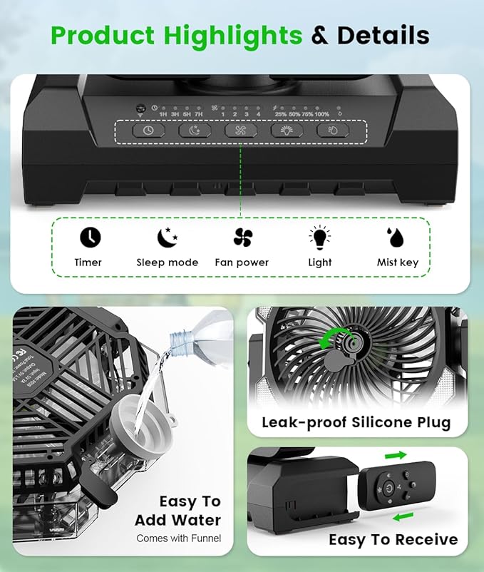 Camping Misting Fan - Portable Battery Powered Fans with 9oz Water Tank, Light, Hook - Rechargeable, 120H Cooling, Last 5H Mist, 4 Speed, Sleep Mode - Outdoor Fan, Travel Essentials
