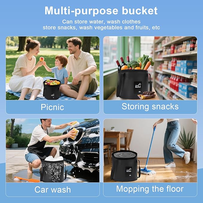 Portable Camping Shower with Light,2-in-1 Portable Shower for Camping,Carbon Filtration Shower,5 Gals Foldable Bucket, Rechargeable for Camping,Pet Bath,Gardening,Car Wash