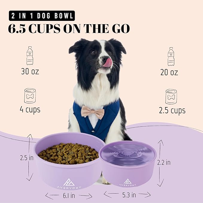 AVERYDAY 50 Oz Travel Dog Bowls with Lids, 2-in-1 Portable Pet Bowls for Food and Water, Leakproof Travel Dog Food & Water Bowl for Outdoor, Camping, Travel Dog Feeding Bowl, Daycare Pet Bowls