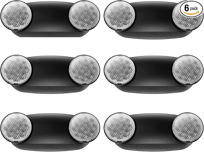 6 Pack Led Black Emergency Light with Battery Backup Round 2 Heads -UL Certified Exit Sign-120-277VAC/Commercial Emergency Lights Fixtures/Indoor Exit Lights for Home/Business.