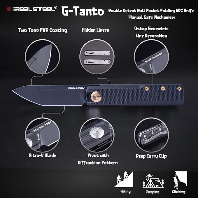 REALSTEEL G-Tanto Pocket Knife,Folding Knives,2.6" Nitro-V Blade,Double Detent Ball Slipjoint EDC,G10 Handle,2.2oz,Clip,Gift for Men Women Outdoor Indoor Daily Use Camping Hiking(Full Black)