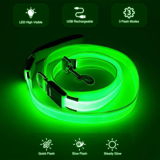 Colaseeme Light Up Dog Leash, LED Pet Leashes USB Rechargeable, Glow Safety Dogs Lights at Night (6FT,Green)