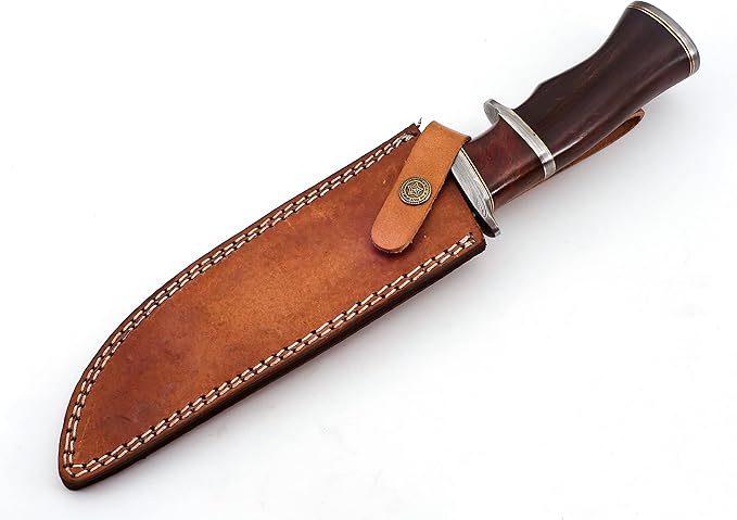 Nooraki 13" - Handmade Damascus Steel Fixed Blade Hunting Knife with Leather Sheath, Multipurpose Knife with Rosewood Handle for Everyday Carry, Outdoor Camping & Hunting Gift (RoseWood-2)