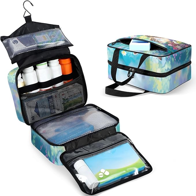 Fustylead Fantastic Cat in Colorful Spring Floral Travel Medicine Storage Bag Large Household Pill Bottle Organizer with Zipper for First Aid, Pills, Vitamins, Medical Supplies