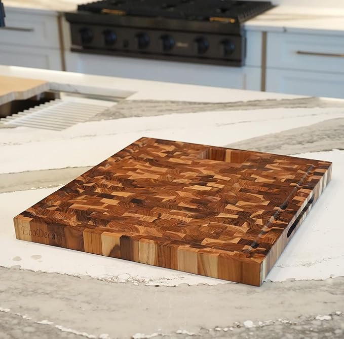 EcoDecors, Teak End Grain Cutting Board 17"x18", FSC Teakwood Butcher Block with Juice Groove, Waste Chute & Handles, Solid Wood Cutting Board for Kitchen, Carving & Stove-Top Prep